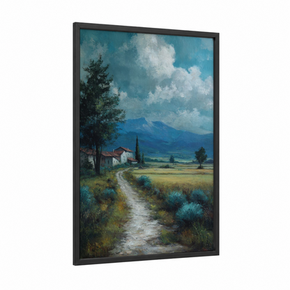 Tuscan Valley Path framed various landscapes print — black wood frame — teal and gold palette