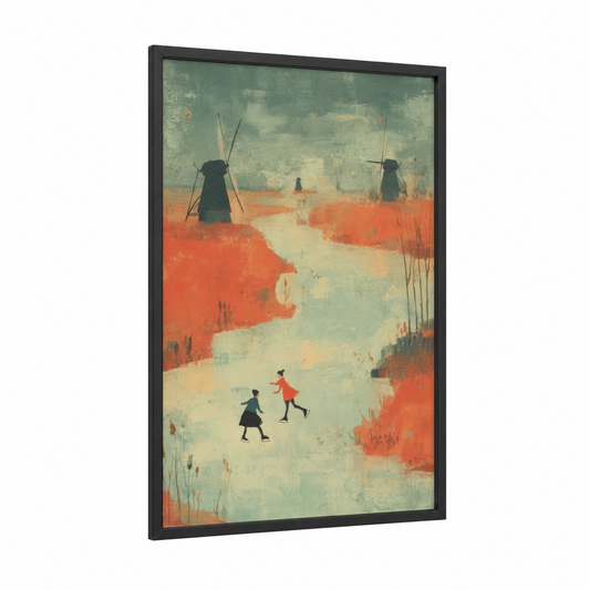 Windmill Skaters framed ice skating print — black wood frame — cream and pumpkin palette