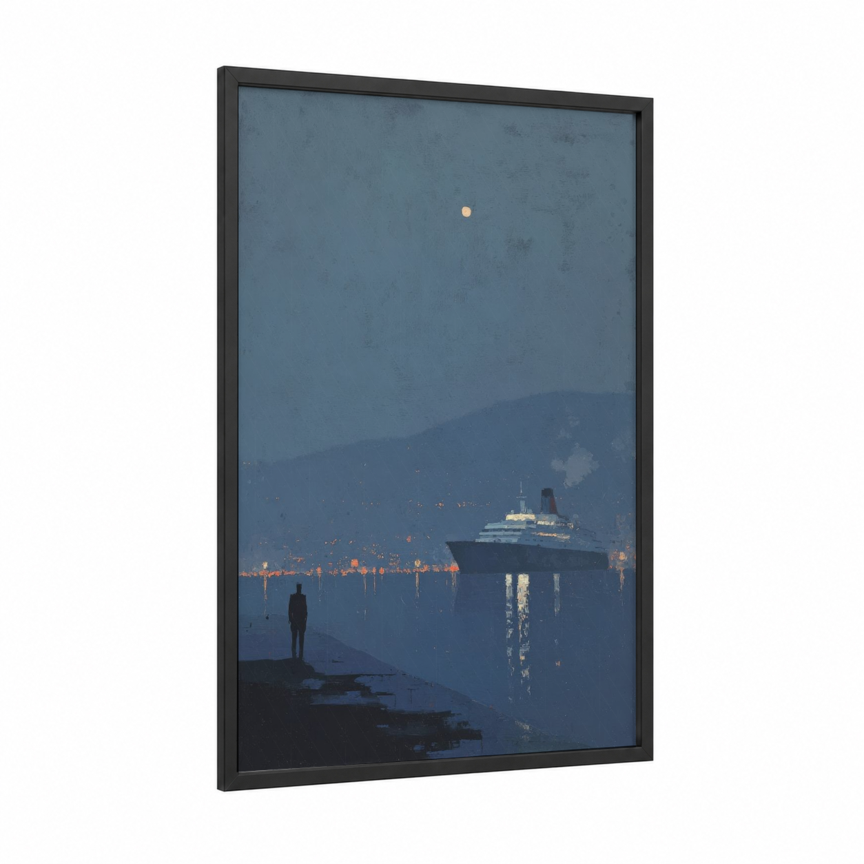 Solitary Voyage framed cruise ship print — black wood frame — blue and gold palette
