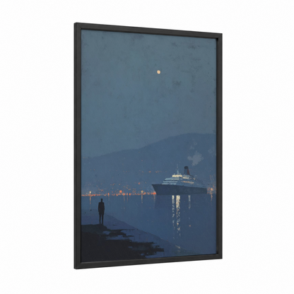 Solitary Voyage framed cruise ship print — black wood frame — blue and gold palette
