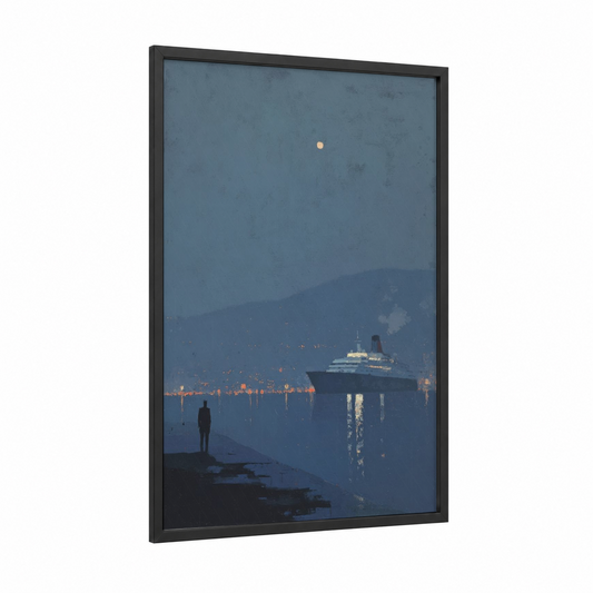Solitary Voyage framed cruise ship print — black wood frame — blue and gold palette
