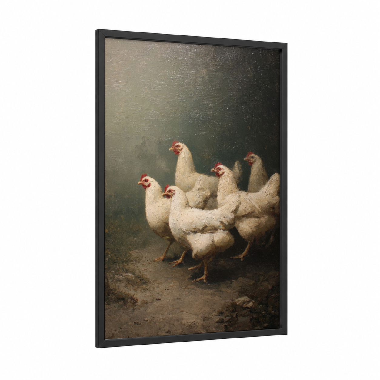 Flock at Rest framed chicken and roosters print — black wood frame — cream and dove gray palette
