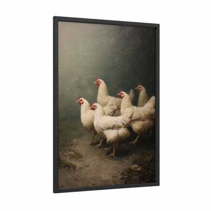 Flock at Rest framed chicken and roosters print — black wood frame — cream and dove gray palette