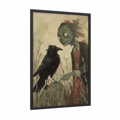 Zombie Raven framed art print — black wood frame — beige and dark green palette