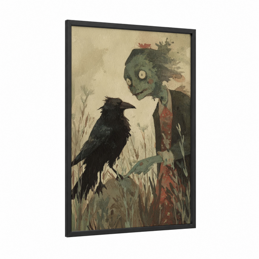 Zombie Raven framed art print — black wood frame — beige and dark green palette