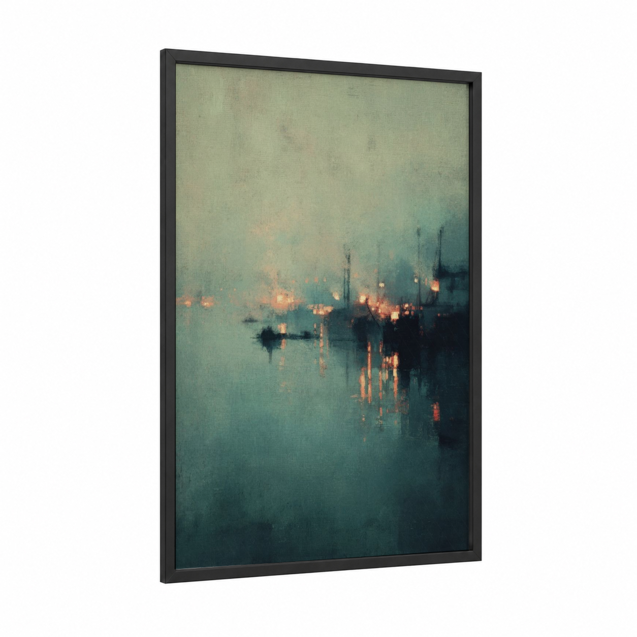 Misty Harbor Lights framed port print — black wood frame — teal and gold palette