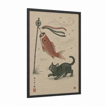 Japanese Cat and Koi Fish Wall Art framed art print — black wood frame — beige and cream palette