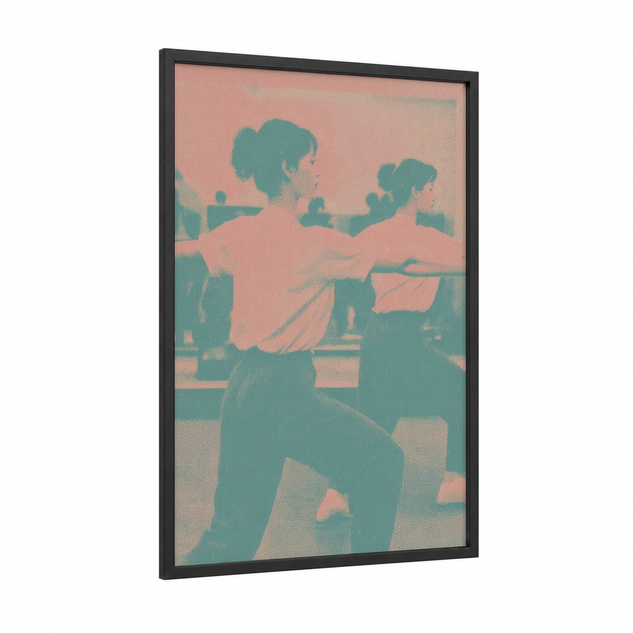 Energetic Zumba Duo framed art print — black wood frame — teal and salmon pink palette