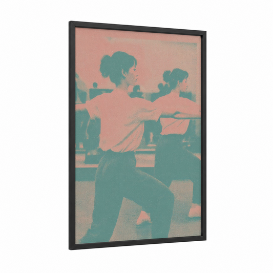Energetic Zumba Duo framed art print — black wood frame — teal and salmon pink palette
