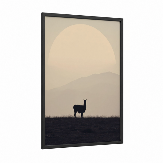 Desert Alpaca framed art print — black wood frame — cream and dove gray palette