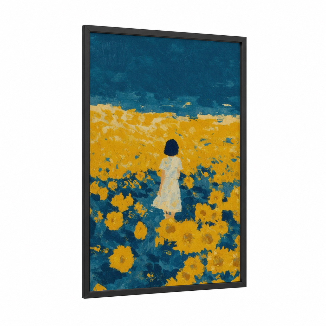 Sunflower Daydream framed art for girl print — black wood frame — gold and dark blue palette