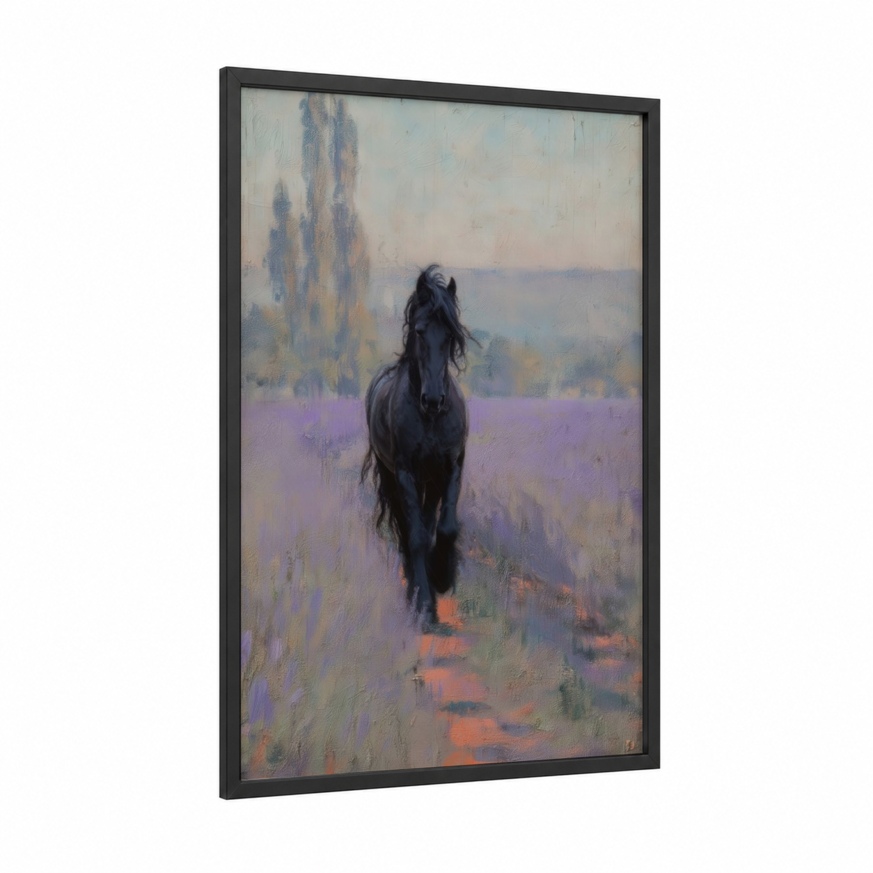 Lavender Friesian framed friesian horse print — black wood frame — lavender and gray palette