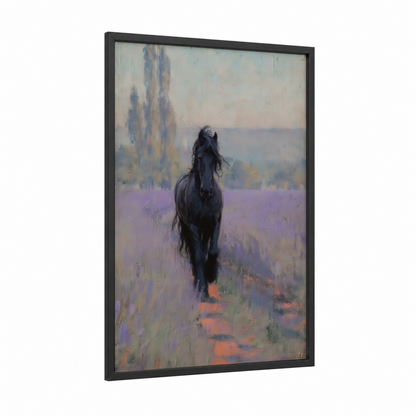 Lavender Friesian framed friesian horse print — black wood frame — lavender and gray palette