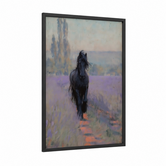 Lavender Friesian framed friesian horse print — black wood frame — lavender and gray palette