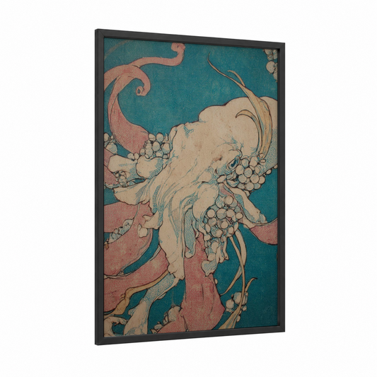 Coral Squid framed art print — black wood frame — teal and peach palette