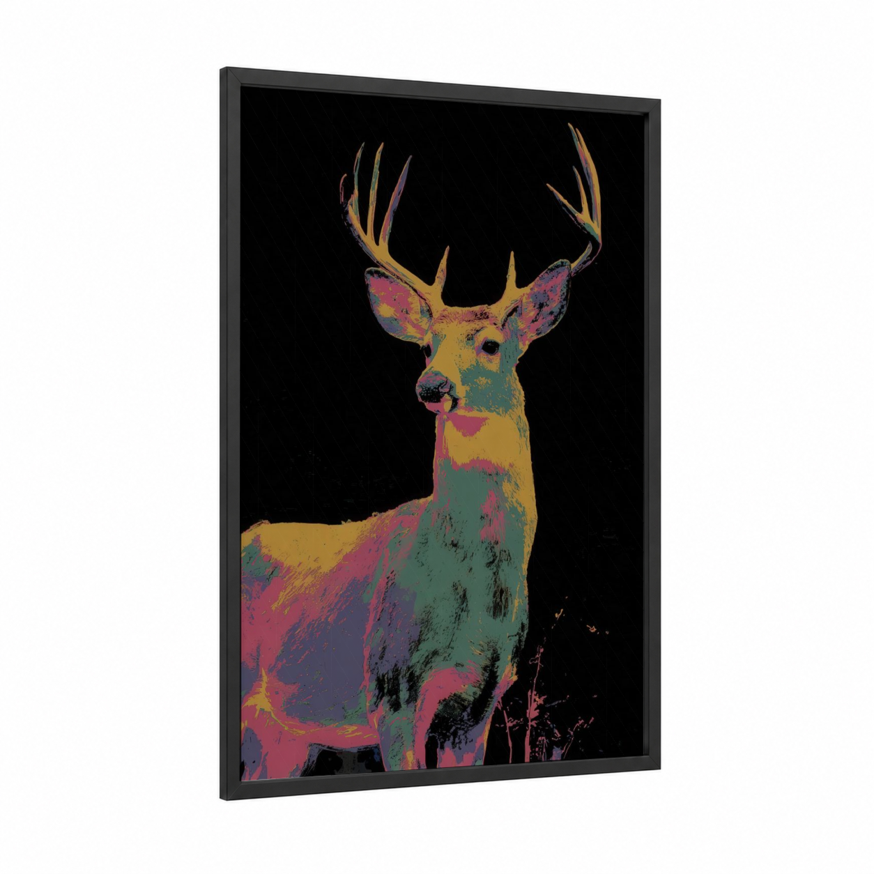 Neon Reindeer framed art print — black wood frame — magenta and teal palette