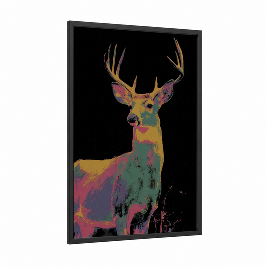 Neon Reindeer framed art print — black wood frame — magenta and teal palette
