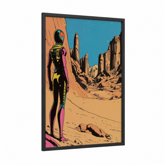 Desert Explorer Astronaut framed comic books print — black wood frame — teal and peach palette