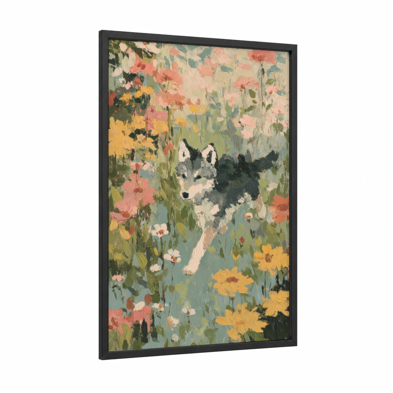 Wildflower Wolf framed art print — black wood frame — sage green and peach palette
