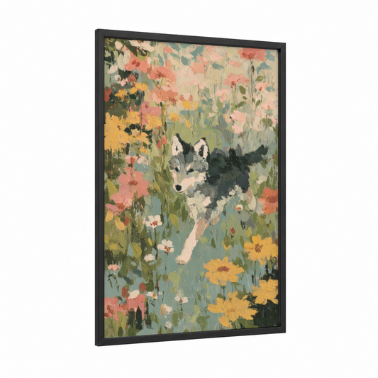 Wildflower Wolf framed art print — black wood frame — sage green and peach palette