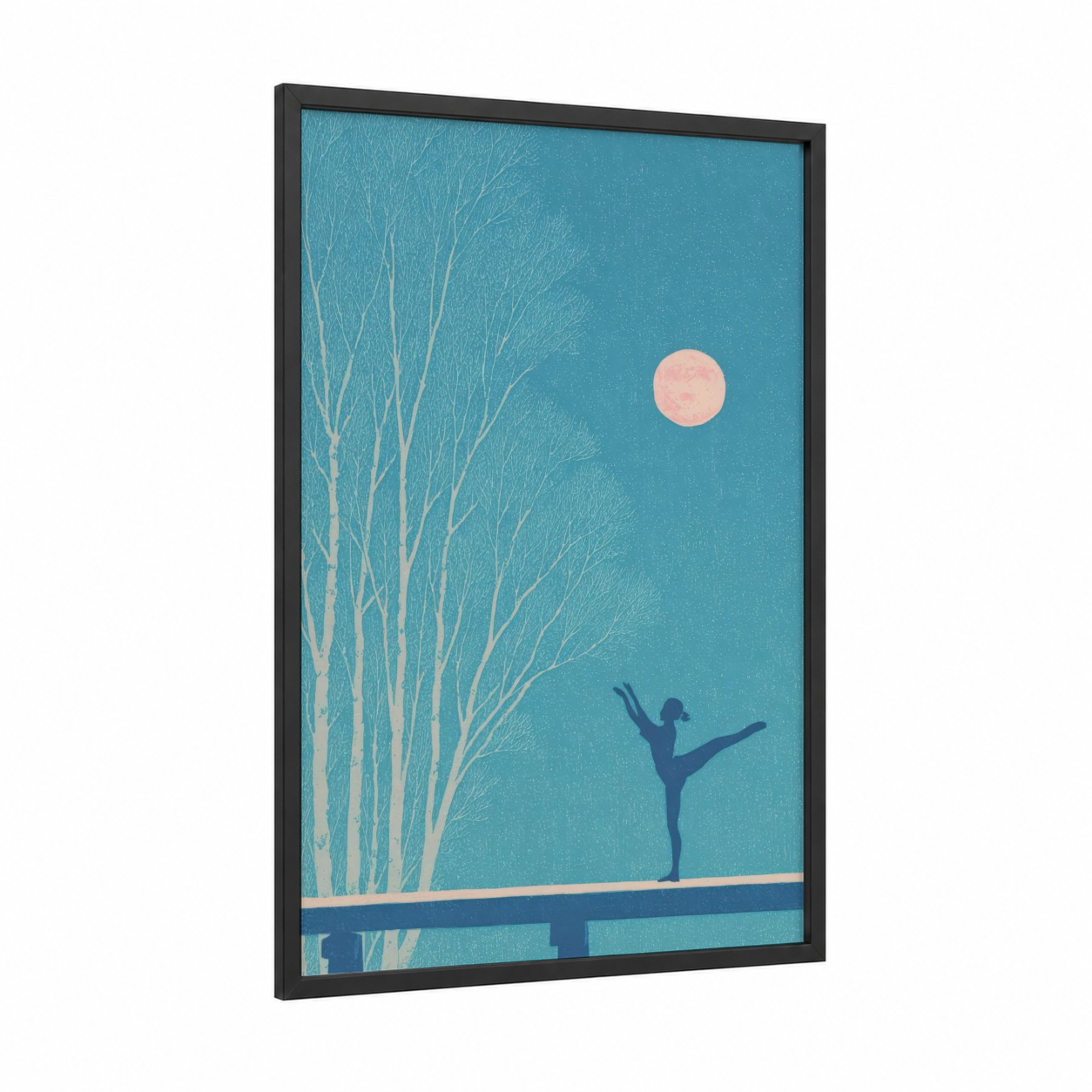 Moonlit Balance framed gymnastics print — black wood frame — teal and peach palette