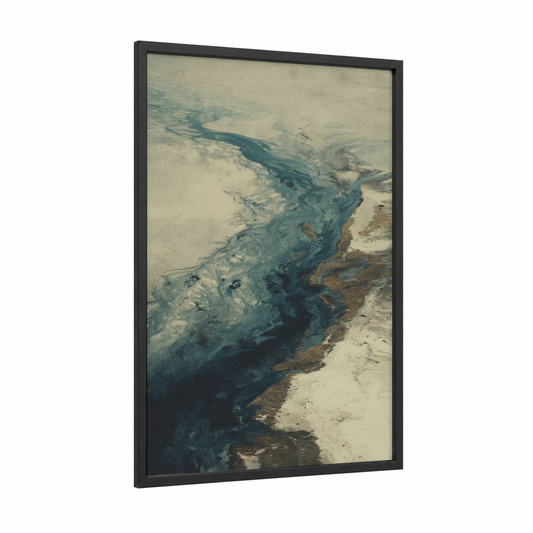 Glacial River Delta framed sandy beach print — black wood frame — blue and beige palette