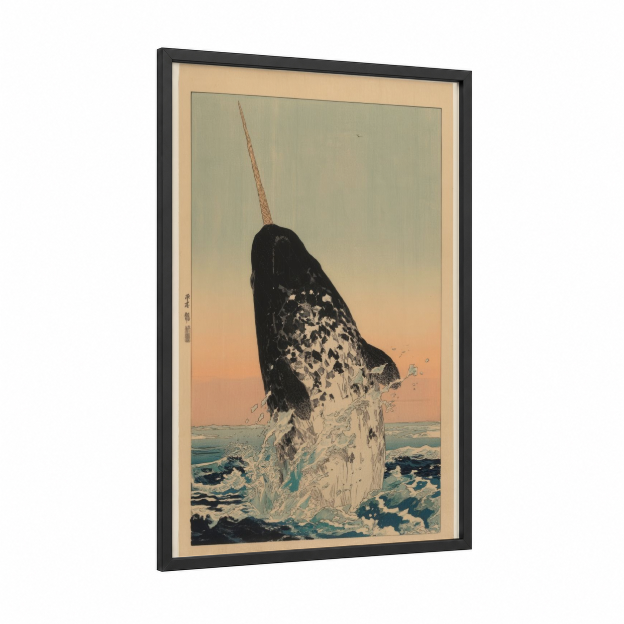 Arctic Narwhal framed art print — black wood frame — teal and gold palette