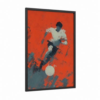 Dynamic Soccer Player framed art print — black wood frame — red and black and white palette