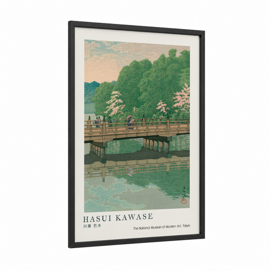 Hasui Bridge Garden framed bridges print — black wood frame — light green and cream palette