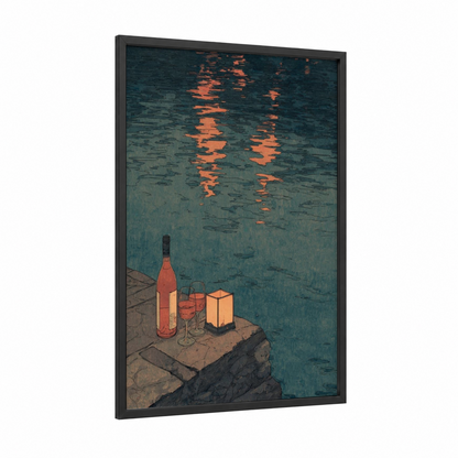 Lakeside Wine Moment framed rose wine print — black wood frame — teal and orange palette