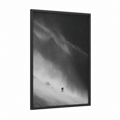 Alpine Descent framed skiing print — black wood frame — black and white and gray palette