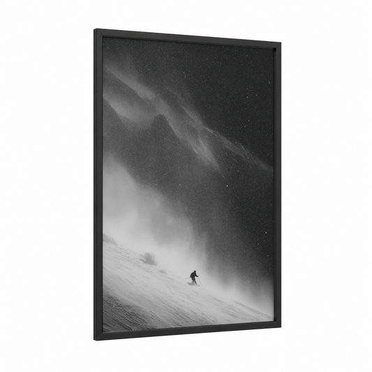 Alpine Descent framed skiing print — black wood frame — black and white and gray palette
