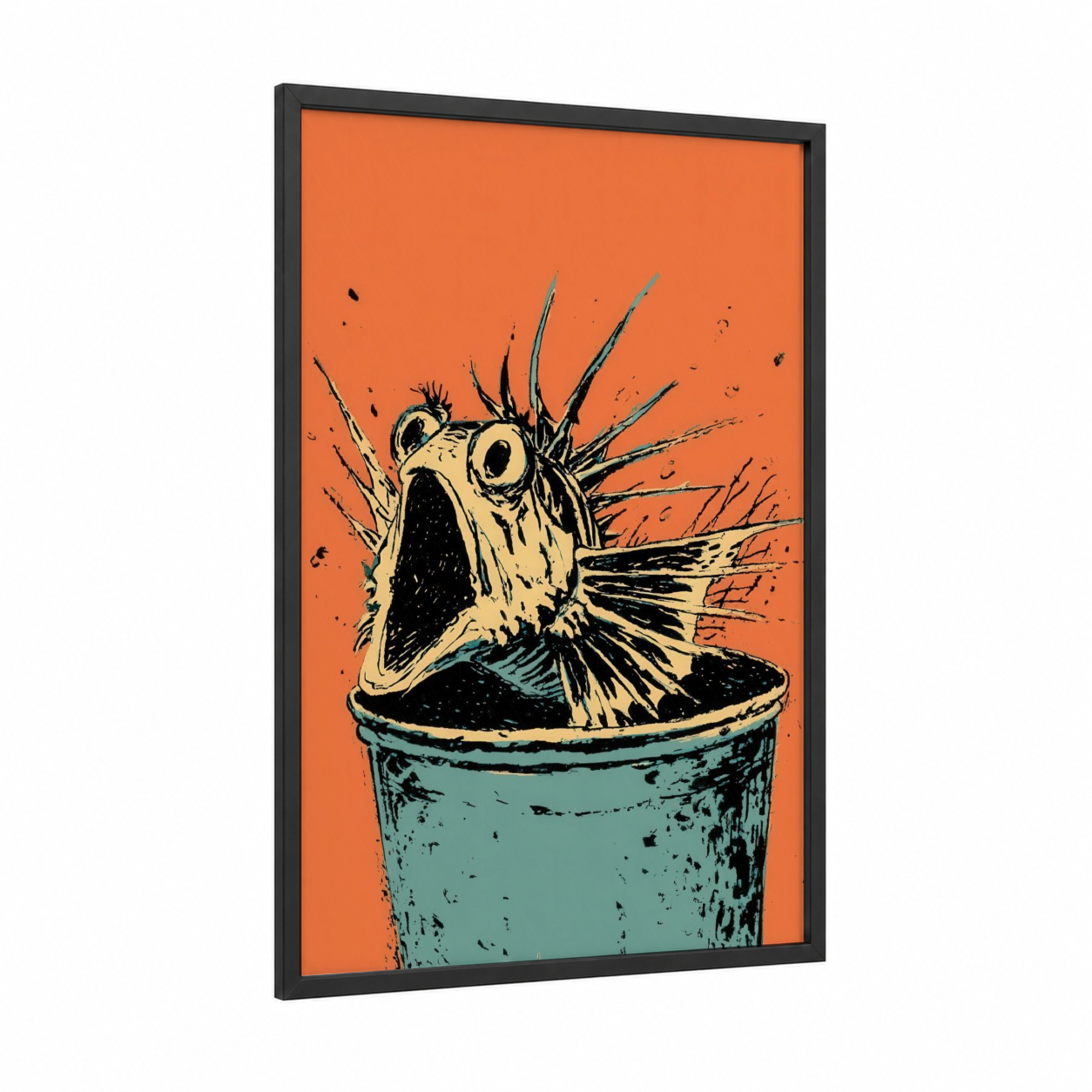 Explosive Lionfish framed art print — black wood frame — orange and teal palette