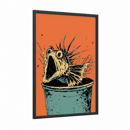Explosive Lionfish framed art print — black wood frame — orange and teal palette