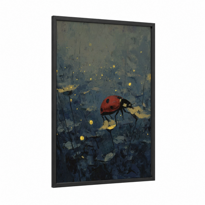 Glowing Ladybug framed art print — black wood frame — dark blue and yellow gold palette