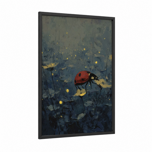 Glowing Ladybug framed art print — black wood frame — dark blue and yellow gold palette