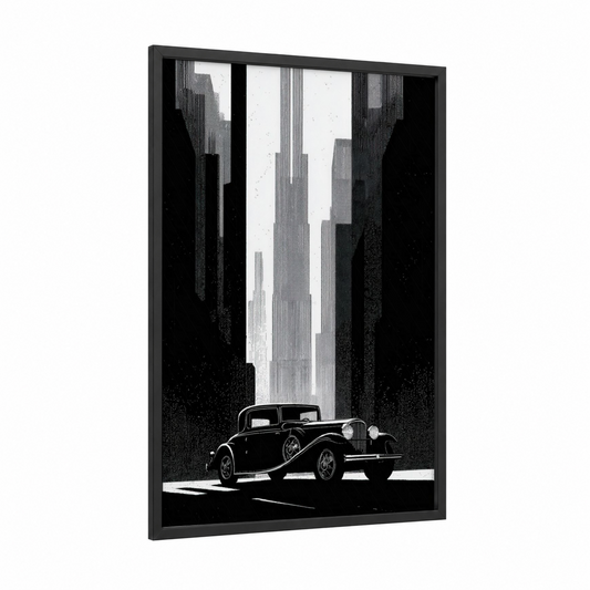 Urban Classic framed classic car print — black wood frame — black and white palette