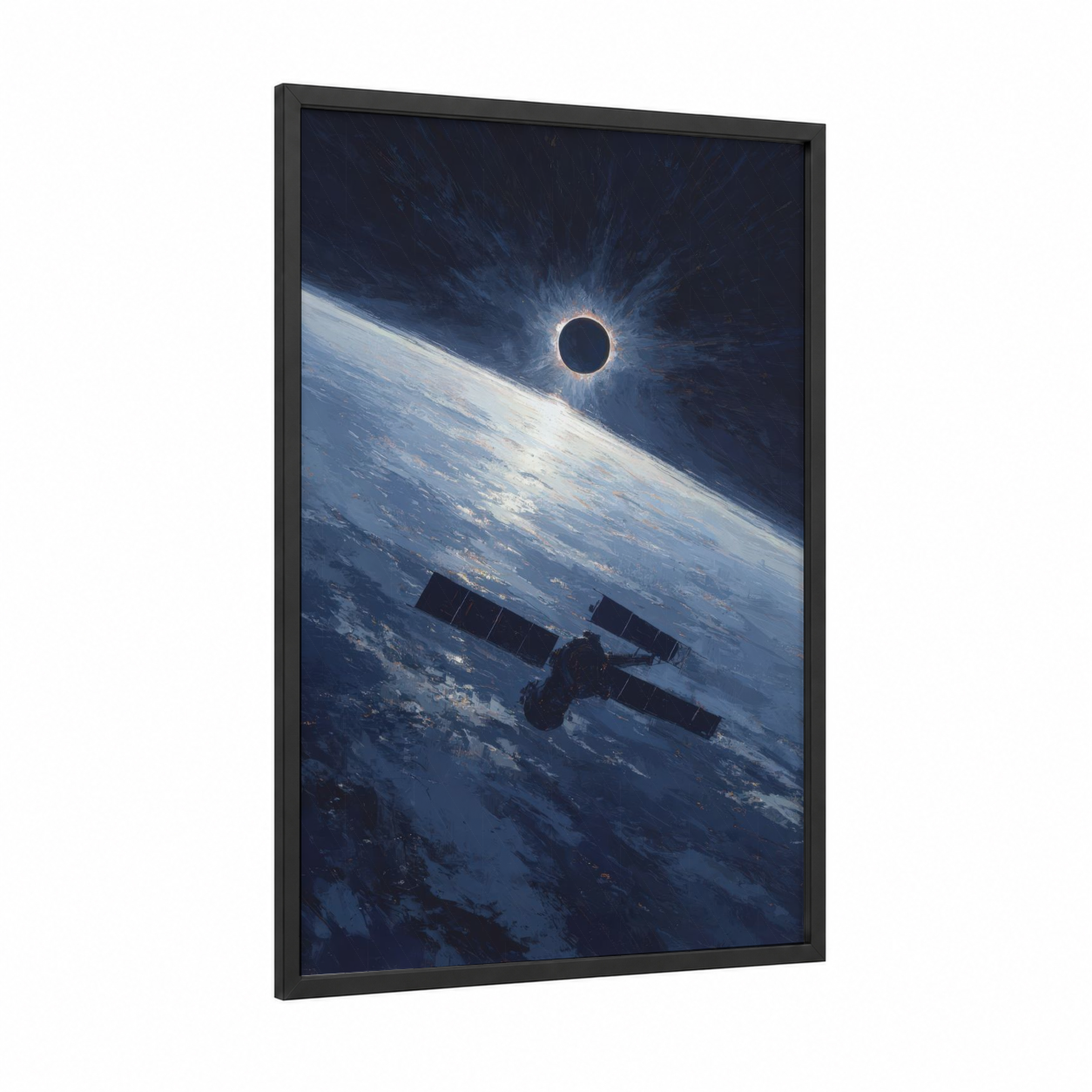 Orbital Eclipse framed satellite print — black wood frame — blue and white and dark blue palette