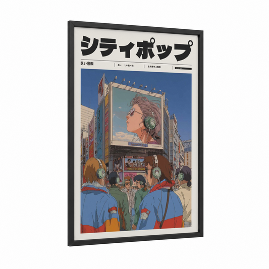 Shibuya Pop Culture framed anime and manga print — black wood frame — blue and gold and pink palette