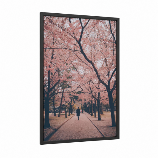 Sakura Pathway framed cherry blossoms print — black wood frame — pink and black palette