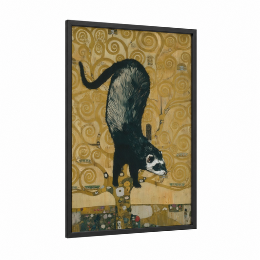 Curious Ferret framed art print — black wood frame — gold and black and white palette