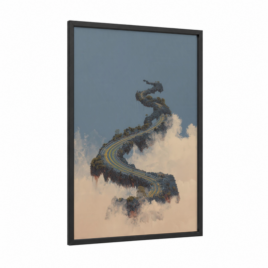 Serpentine Highway framed road and highways print — black wood frame — dove gray and cream palette