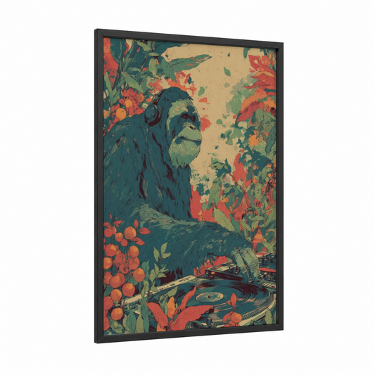 Tropical Orangutan DJ framed art print — black wood frame — orange and teal palette