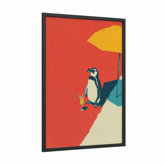 Beachside Penguin framed art print — black wood frame — red and yellow gold palette