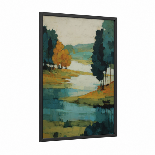 Golden Autumn Lake framed lakes print — black wood frame — gold and teal palette