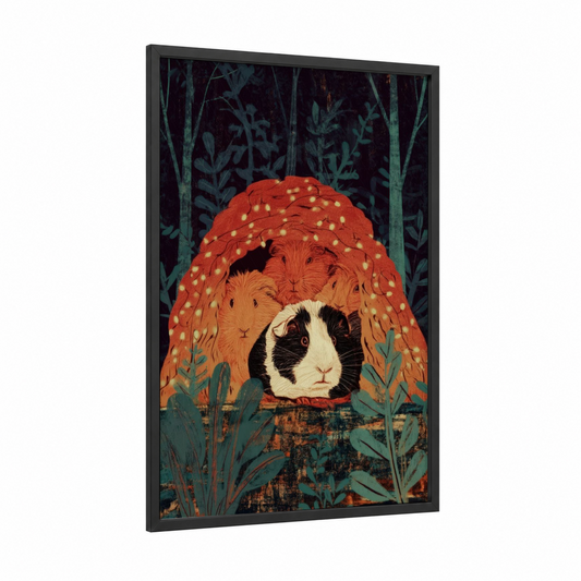 Cozy Guinea Pig Family framed art print — black wood frame — red and teal palette