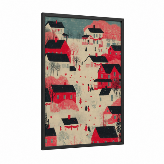 Valentine Village framed valentine's day print — black wood frame — red and cream palette