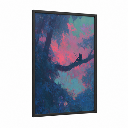 Dreamscape Archer framed archery print — black wood frame — magenta and teal palette