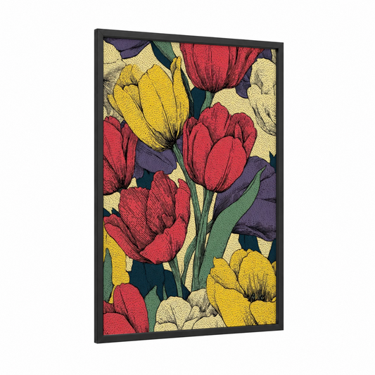Tulip Garden Spring framed art print — black wood frame — red and yellow gold palette