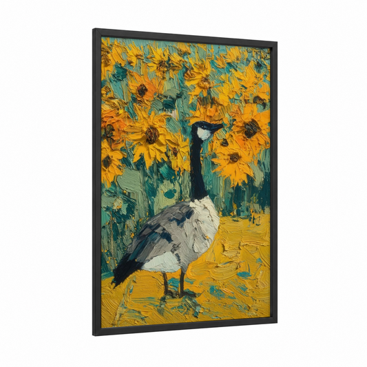 Sunflower Goose framed geese print — black wood frame — yellow gold and teal palette
